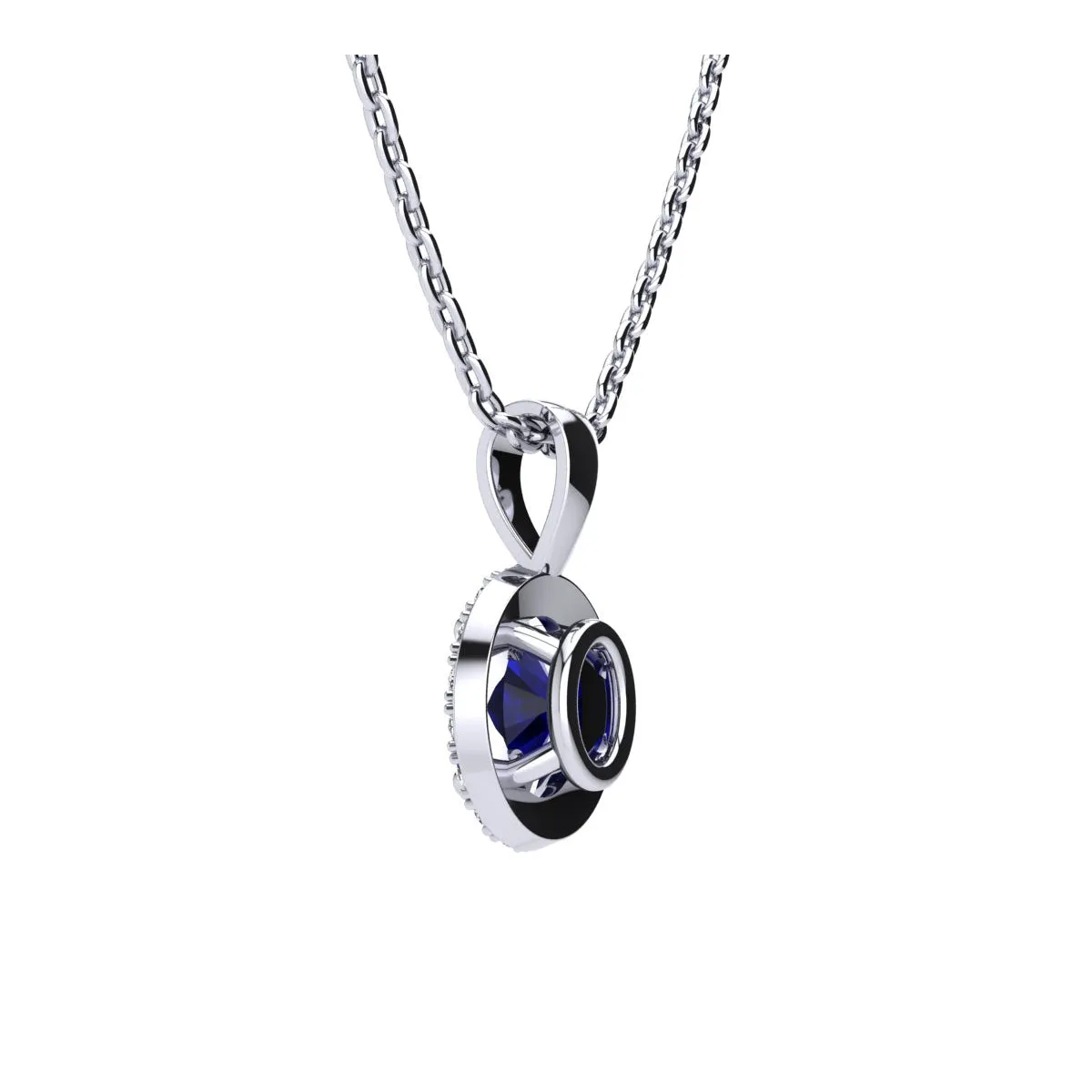 1 3/4 Carat Oval Shape Sapphire And Halo Diamond Necklace In 14 Karat White Gold With 18 Inch Chain