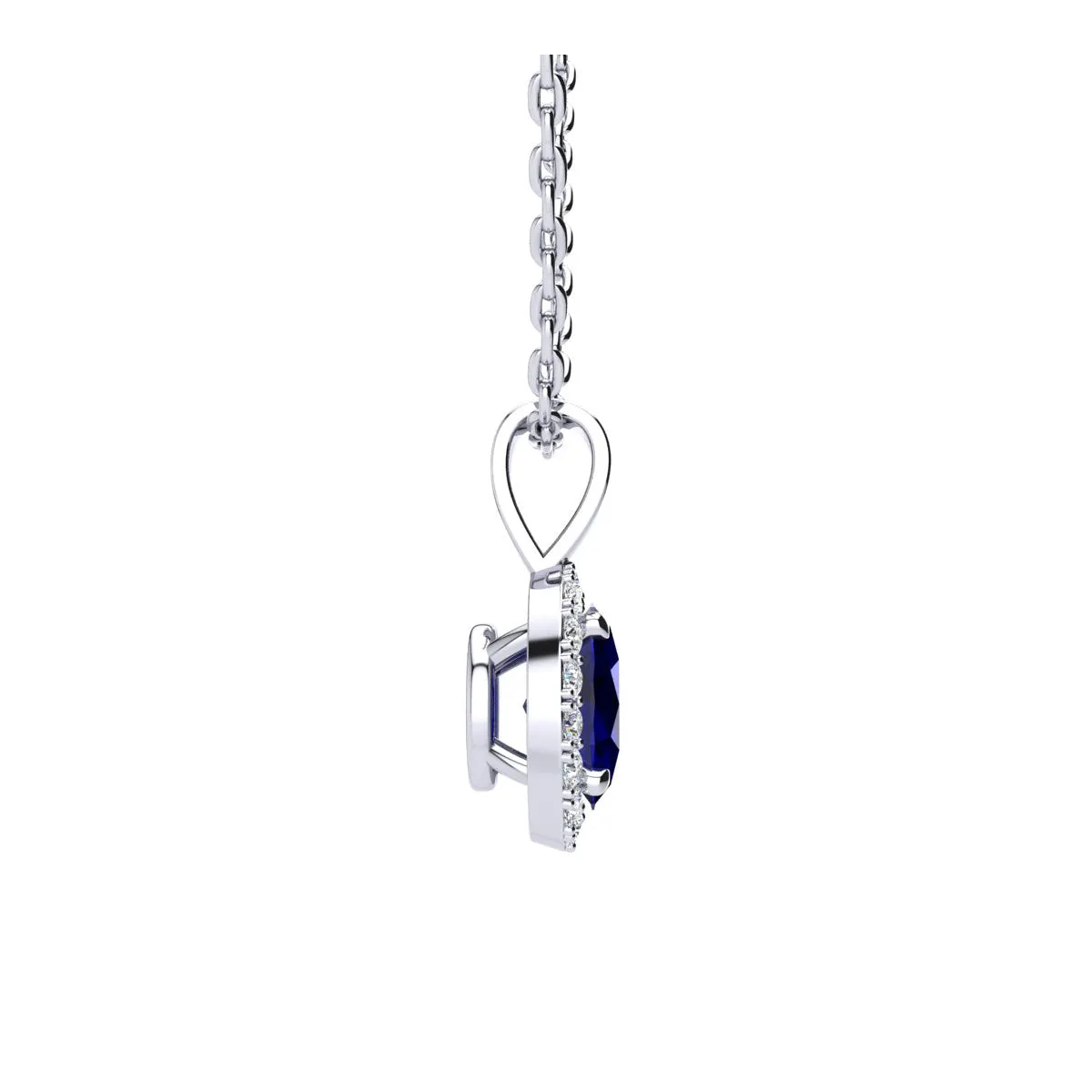 1 3/4 Carat Oval Shape Sapphire And Halo Diamond Necklace In 14 Karat White Gold With 18 Inch Chain