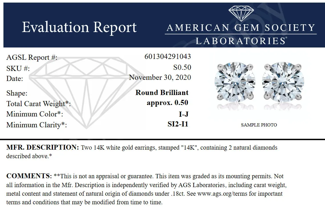 1/2 cttw SI2-I1 Clarity Certified Diamond Stud Earrings 14K White or Yellow Gold Round with Screw Backs