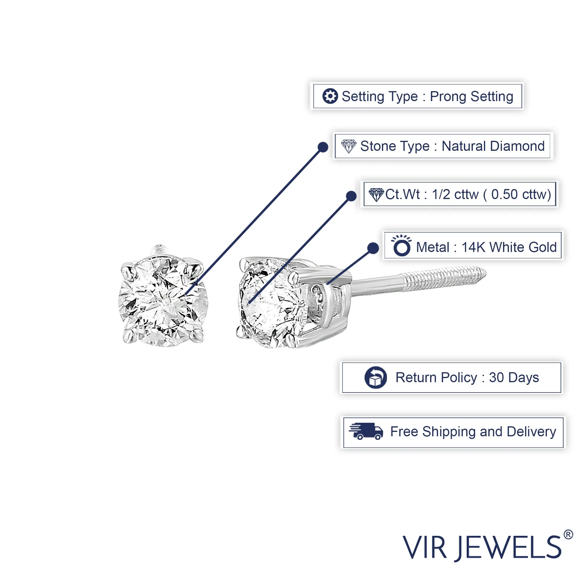 1/2 cttw SI2-I1 Clarity Certified Diamond Stud Earrings 14K White or Yellow Gold Round with Screw Backs