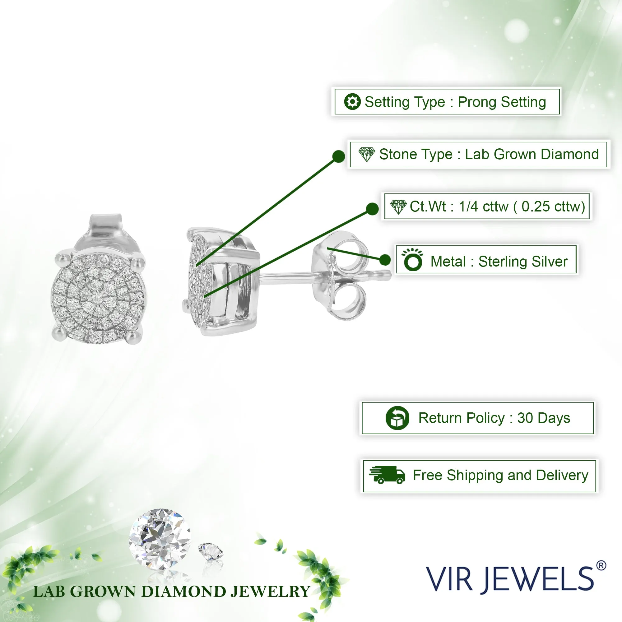 1/4 cttw Round Lab Grown Diamond Stud Earrings Crafted in .925 Sterling Silver Prong Set