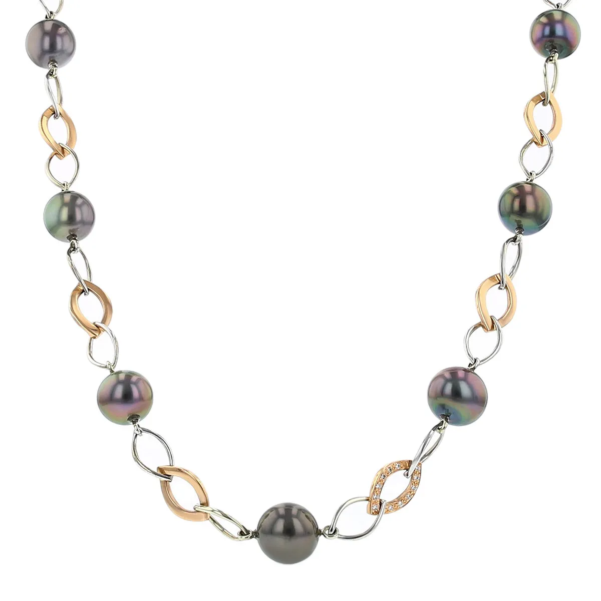 14K Gold Tahitian Pearl and Diamond Link Necklace