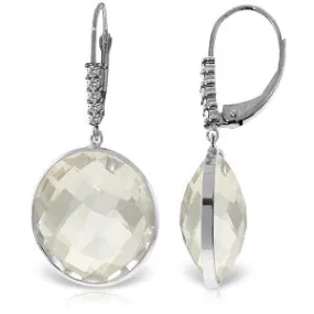 14K Solid White Gold Diamonds Leverback Earrings w/ Checkerboard Cut Round White Topaz