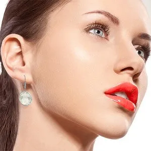 14K Solid White Gold Diamonds Leverback Earrings w/ Checkerboard Cut Round White Topaz