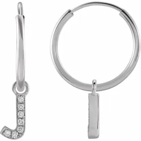 14K White Gold .025 CTW Natural Diamond Single Initial J Hoop Earring