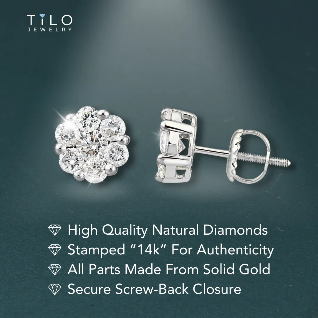 14K White Gold Diamond Cluster Stud Earring with Screw-Back, 1.00 carats