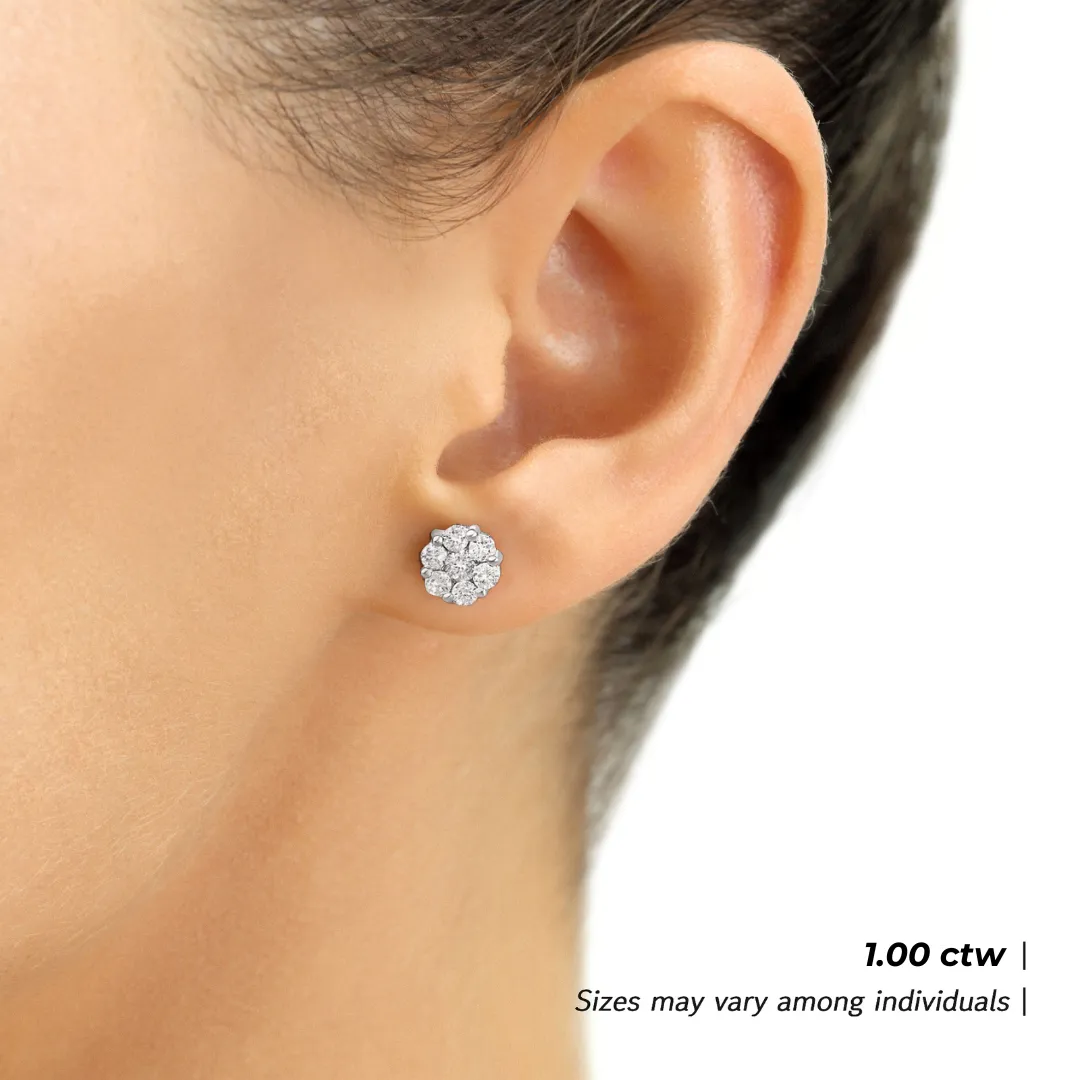 14K White Gold Diamond Cluster Stud Earring with Screw-Back, 1.00 carats