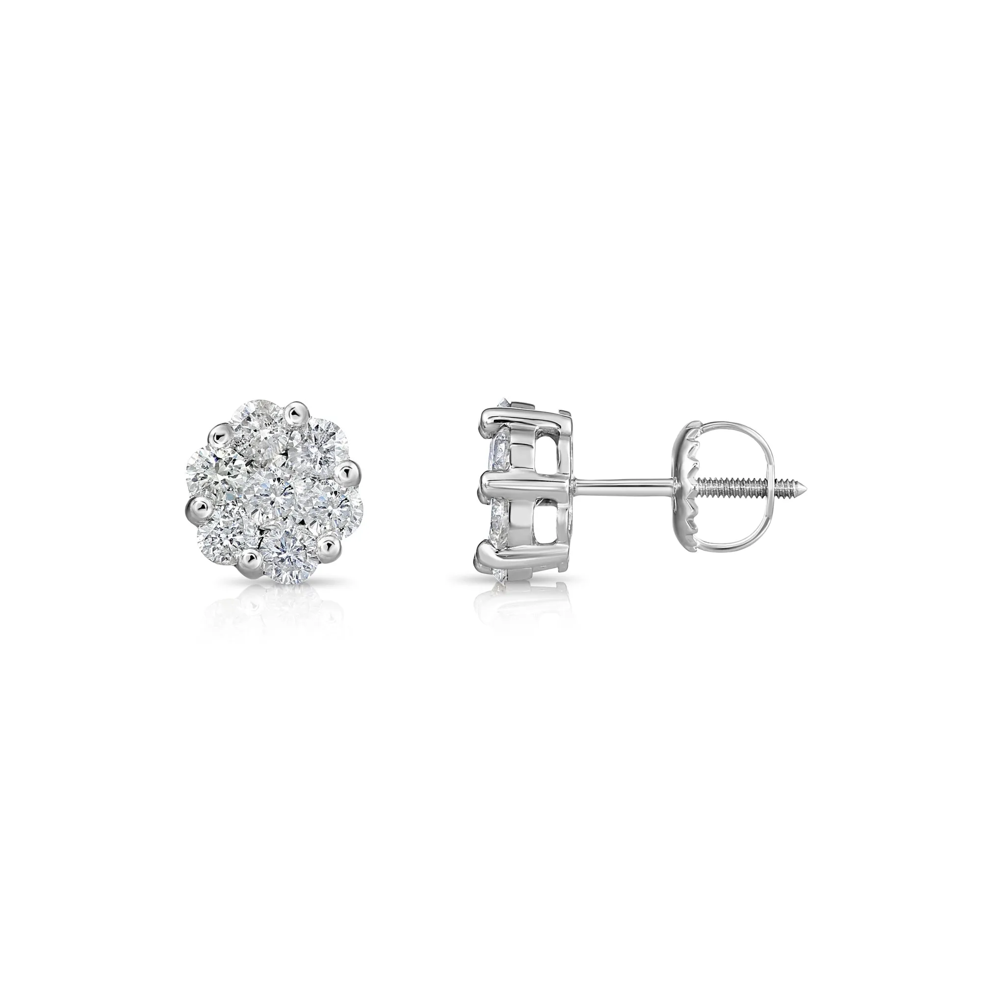 14K White Gold Diamond Cluster Stud Earring with Screw-Back, 1.00 carats
