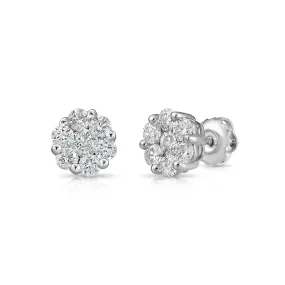 14K White Gold Diamond Cluster Stud Earring with Screw-Back, 1.00 carats