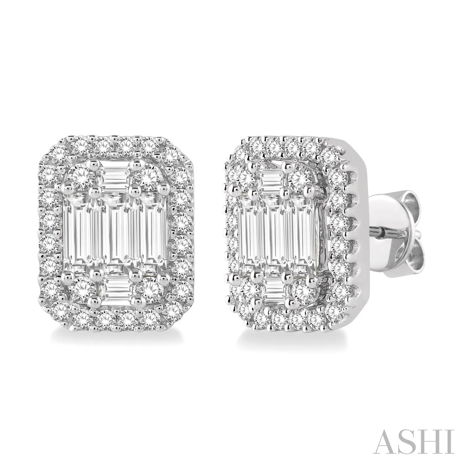 14KW Gold 1.0 CTW Baguette & Round Cut Diamond Stud Earrings