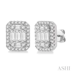 14KW Gold 1.0 CTW Baguette & Round Cut Diamond Stud Earrings