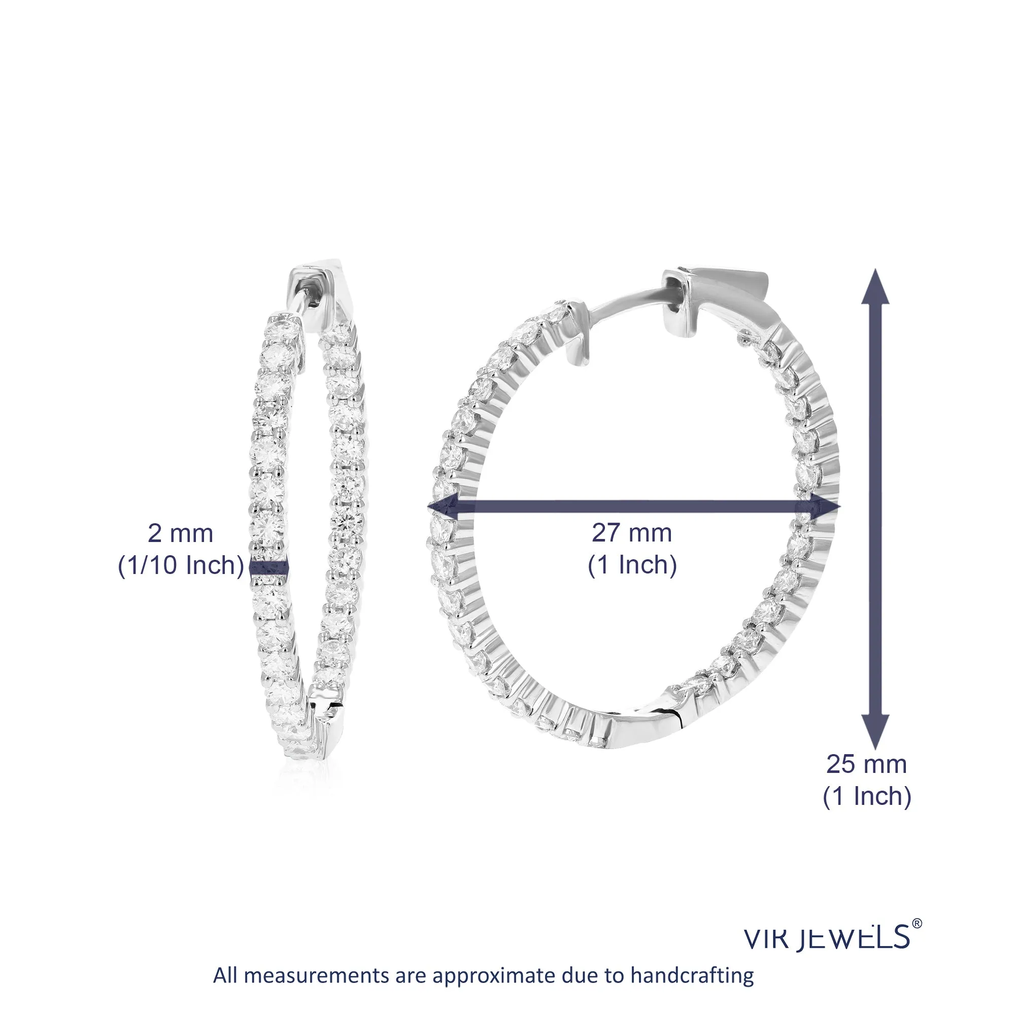 1.50 58 Stones cttw Round Lab Grown Diamond Hoop Earrings .925 Sterling Silver Prong Set 1 Inch