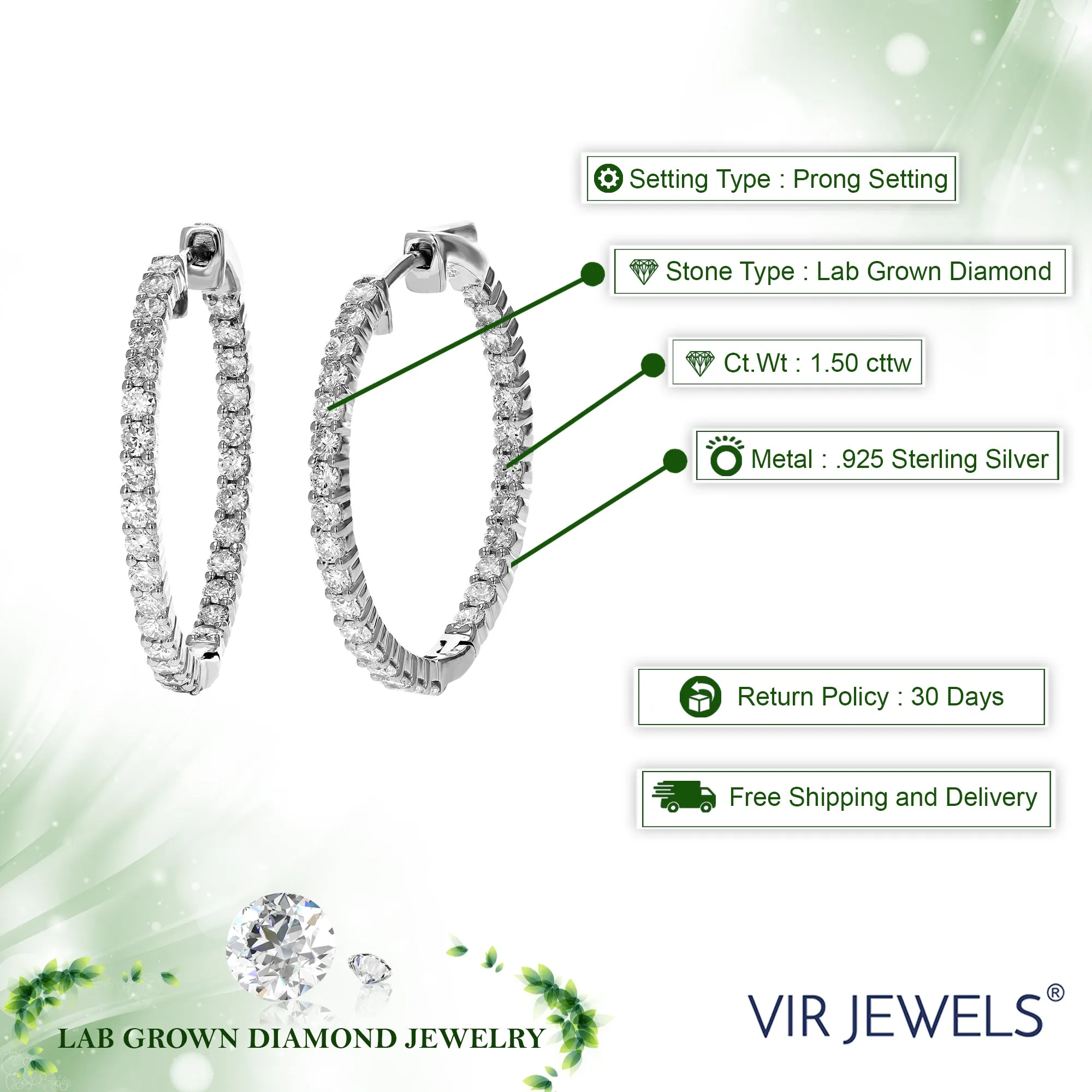 1.50 58 Stones cttw Round Lab Grown Diamond Hoop Earrings .925 Sterling Silver Prong Set 1 Inch