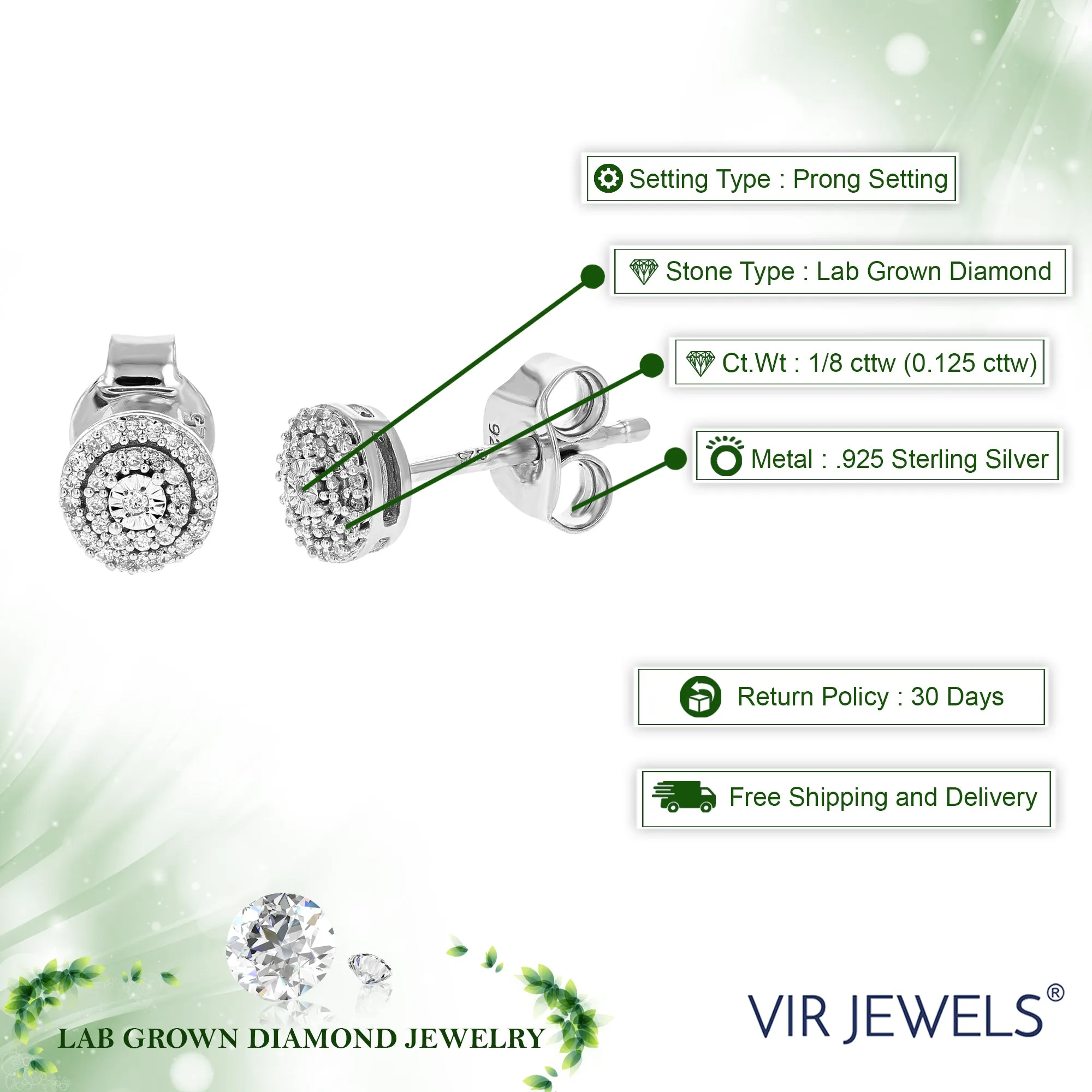 1/8 cttw Diamond Stud Earrings for Women, Round Lab Grown Diamond Earrings in .925 Sterlinng Silver, Prong Setting, 1/4 Inch