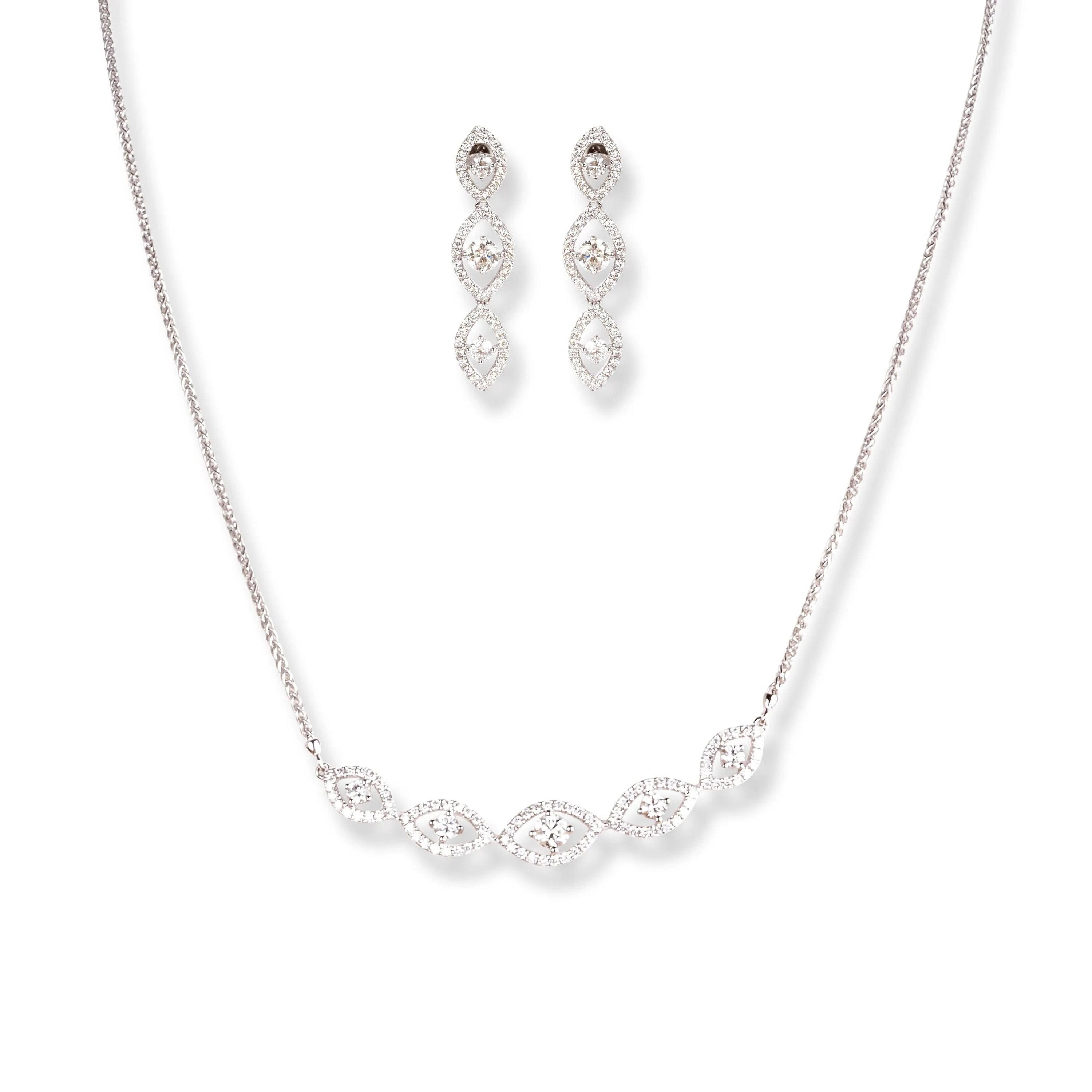 18ct White Gold Diamond Set (Necklace   Earrings)-061110