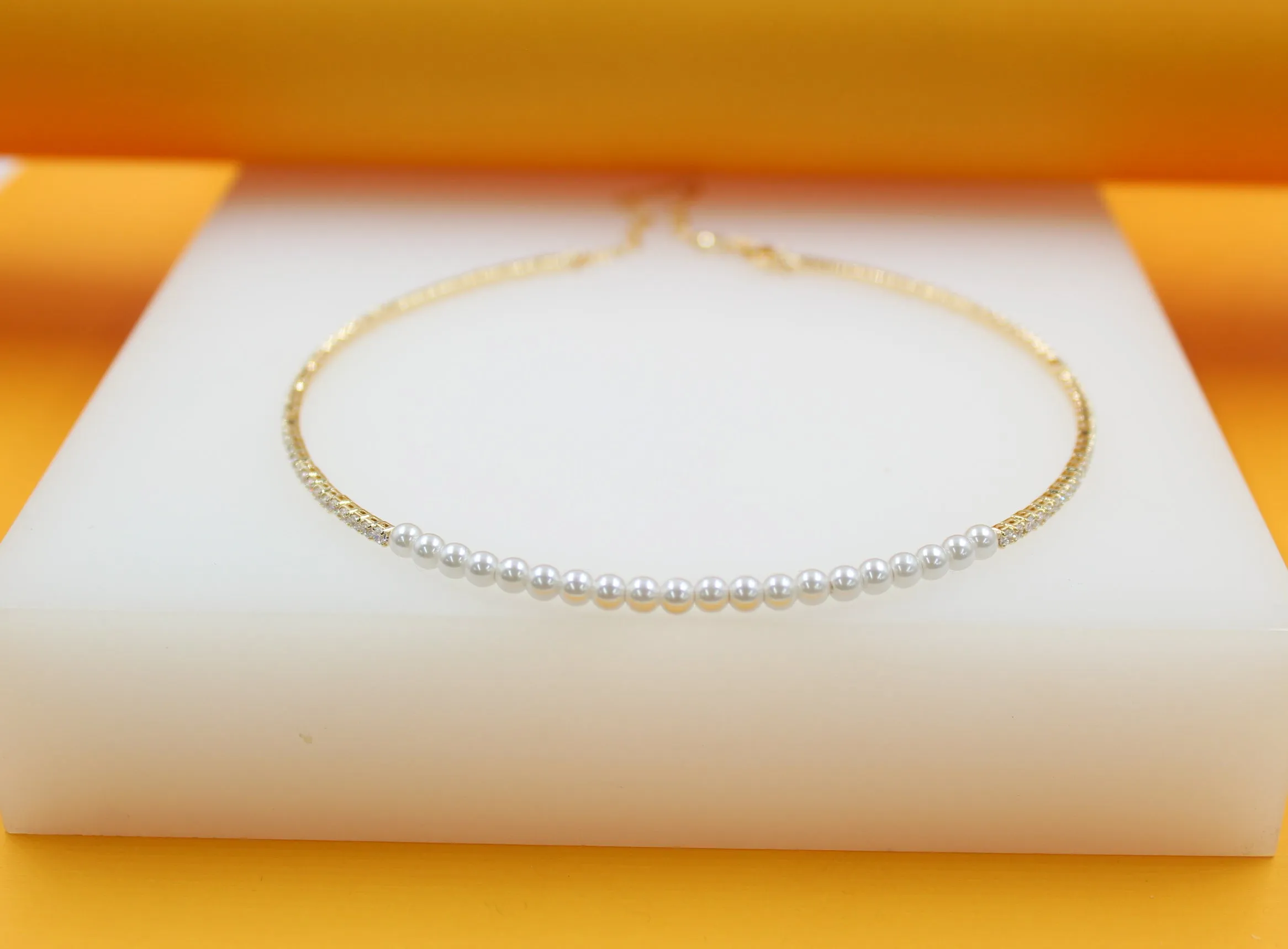 18K Gold Filled Pearl Neck Choker With Round CZ Stones (H54)