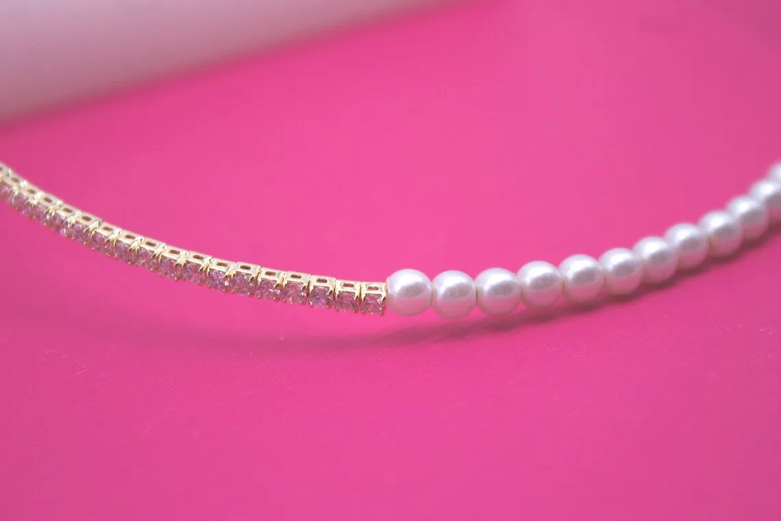 18K Gold Filled Pearl Neck Choker With Round CZ Stones (H54)