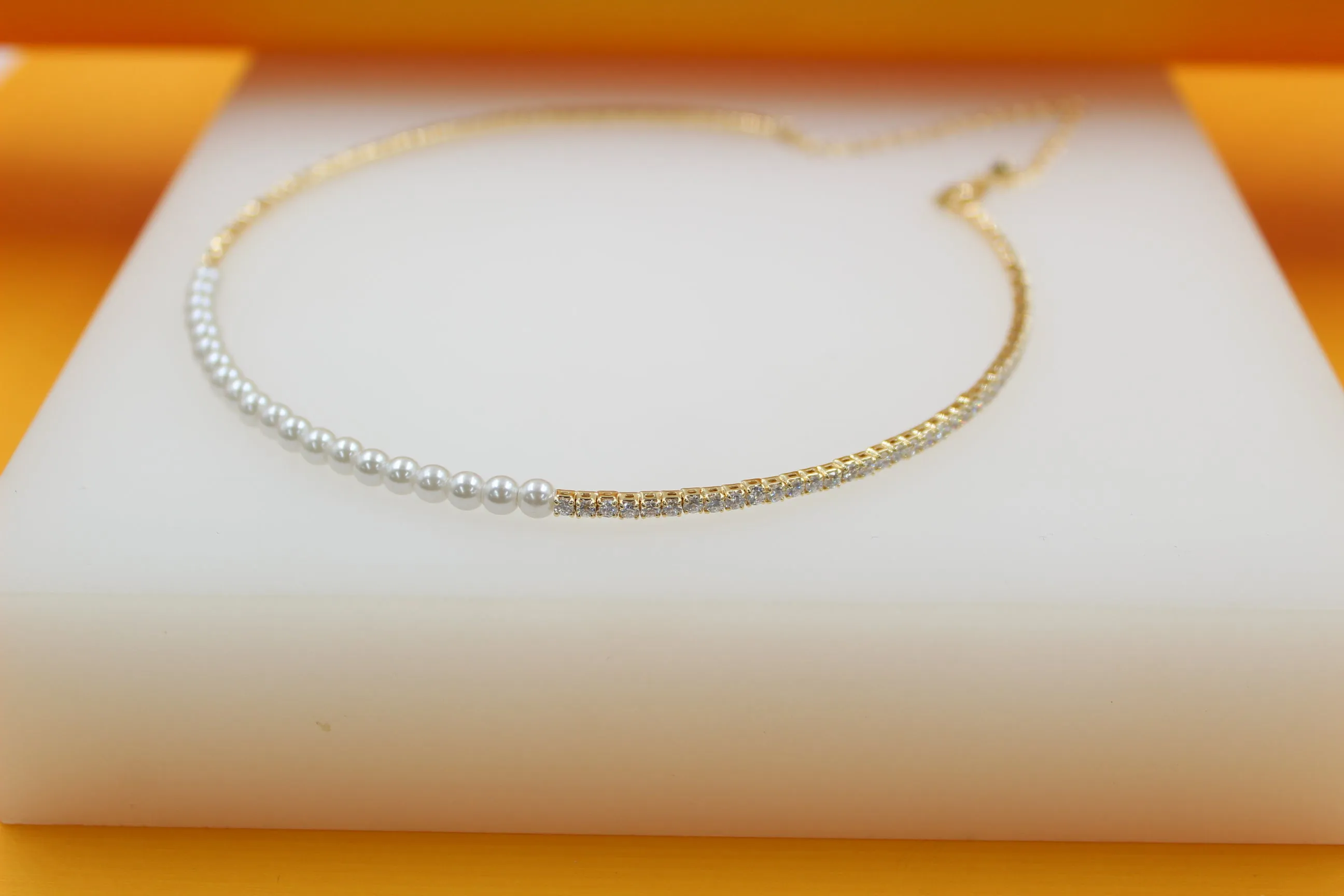 18K Gold Filled Pearl Neck Choker With Round CZ Stones (H54)