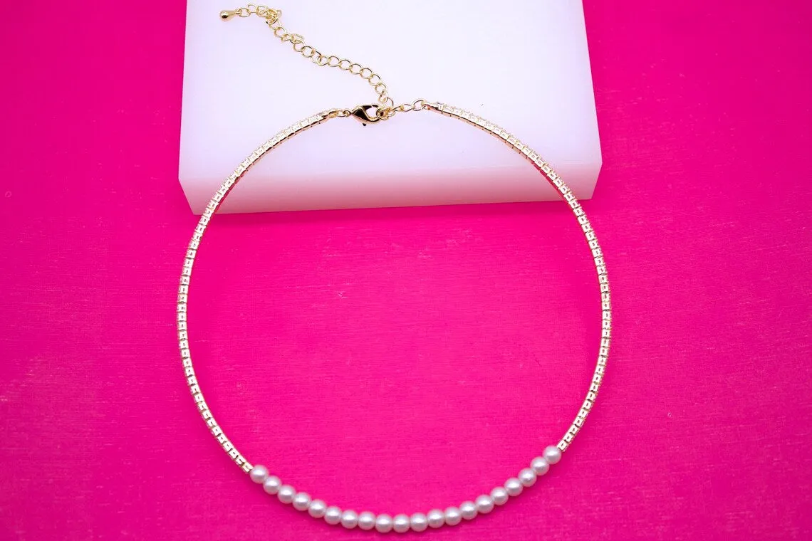 18K Gold Filled Pearl Neck Choker With Round CZ Stones (H54)