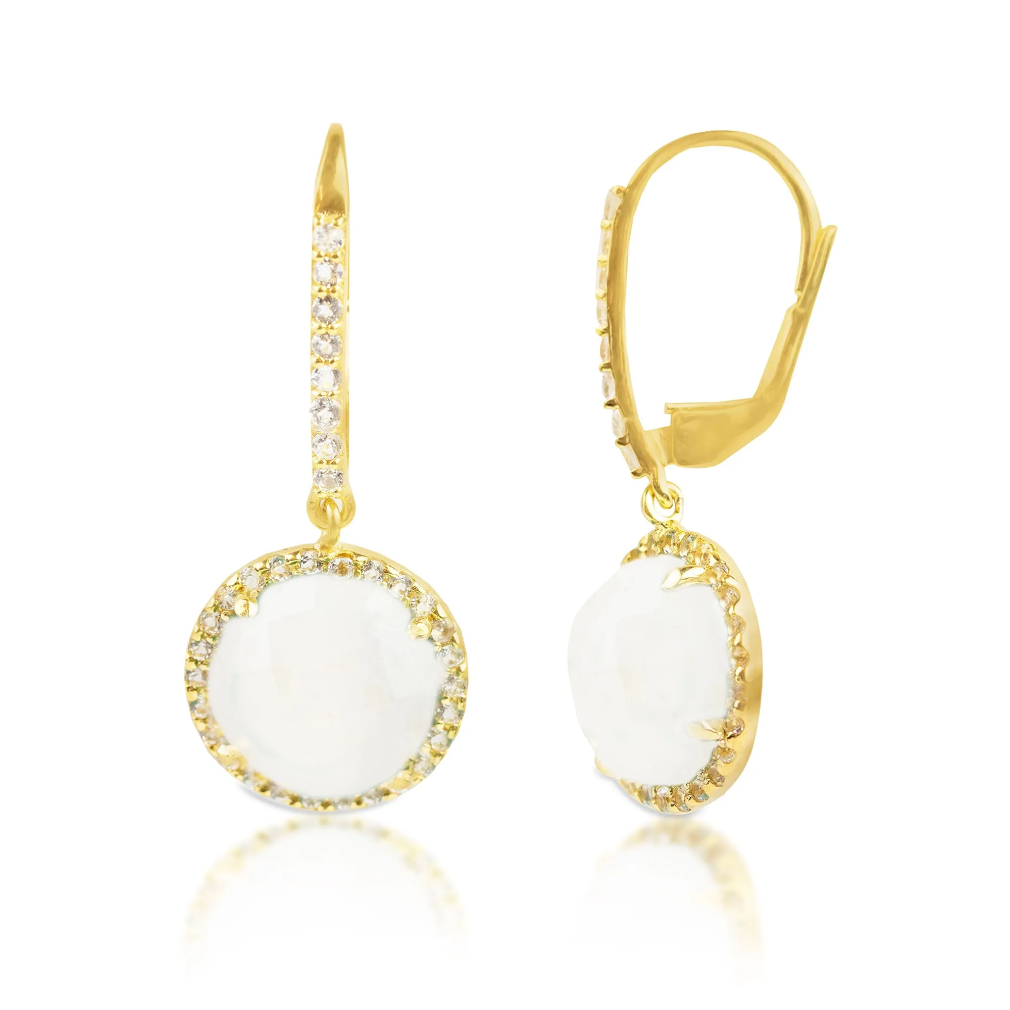 18K Gold Plated Genuine Emerald Round Cut Dangle Drop Earrings With White Topaz Accents