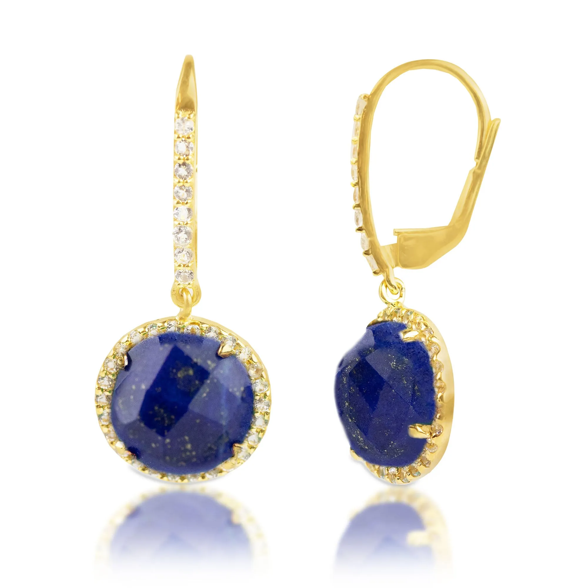 18K Gold Plated Genuine Emerald Round Cut Dangle Drop Earrings With White Topaz Accents