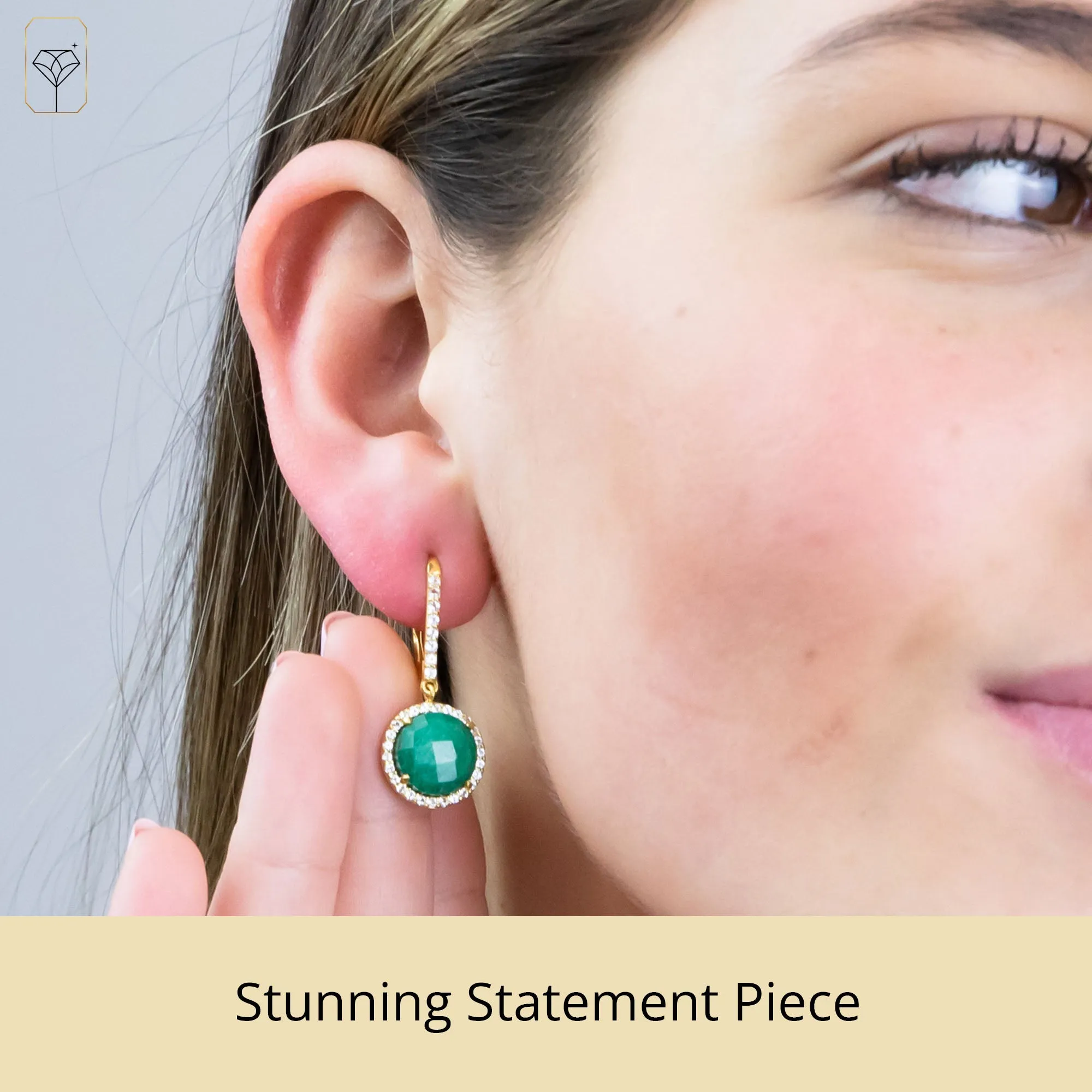 18K Gold Plated Genuine Emerald Round Cut Dangle Drop Earrings With White Topaz Accents
