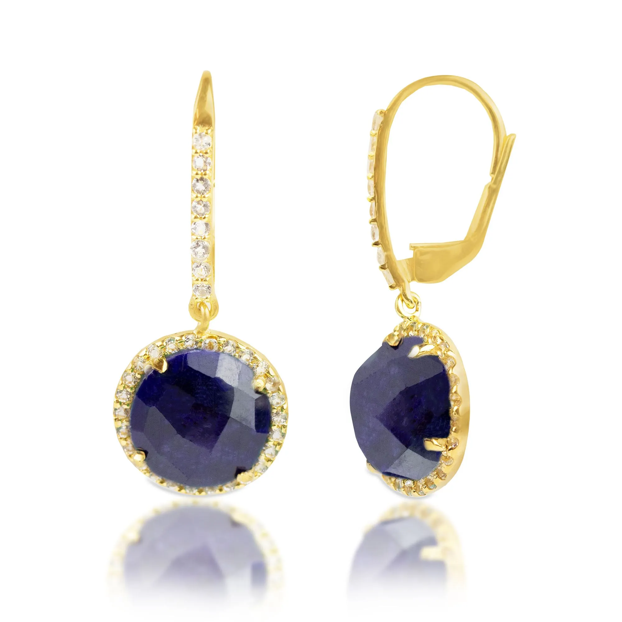 18K Gold Plated Genuine Emerald Round Cut Dangle Drop Earrings With White Topaz Accents