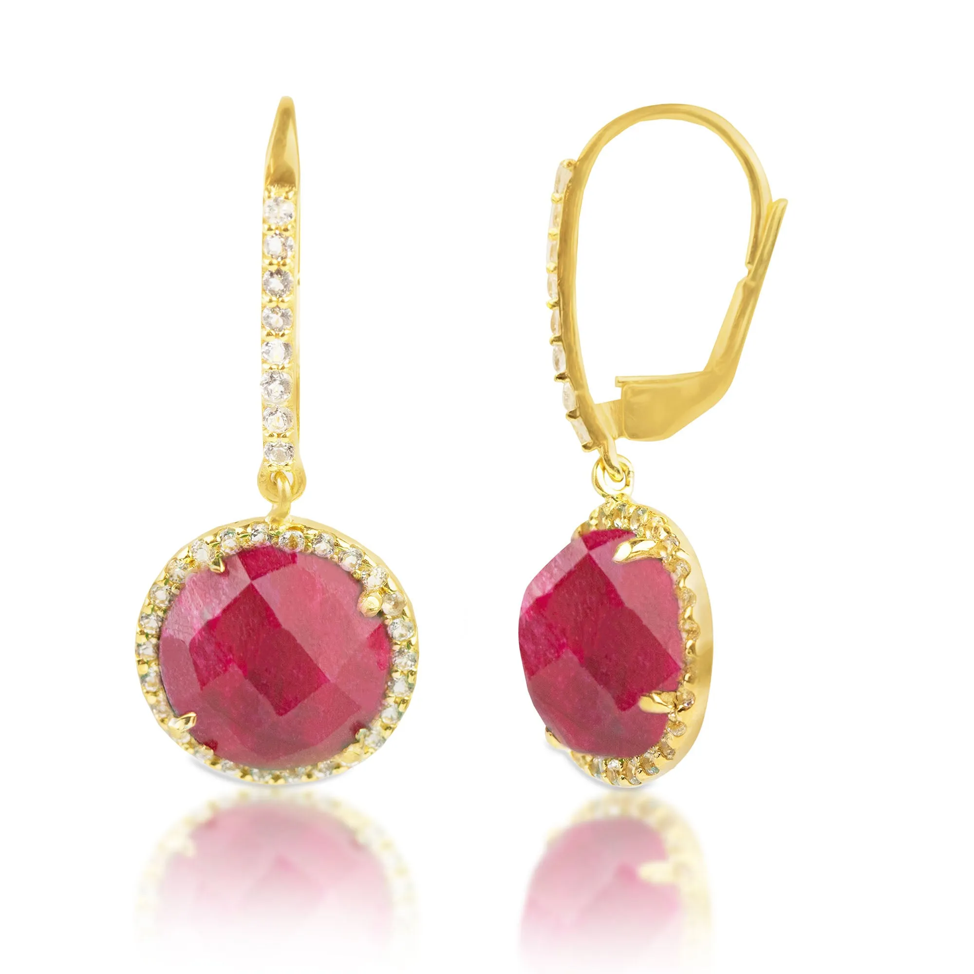 18K Gold Plated Genuine Emerald Round Cut Dangle Drop Earrings With White Topaz Accents