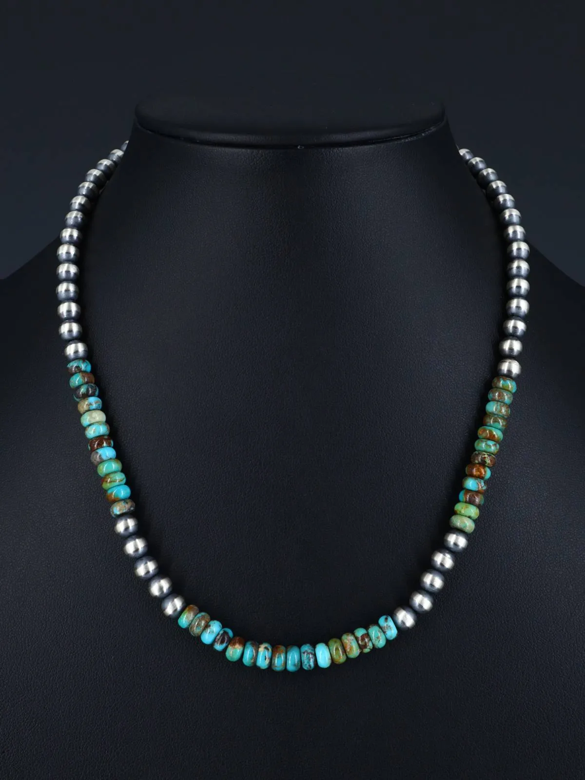 18" Native American Turquoise and Sterling Silver Beaded Necklace