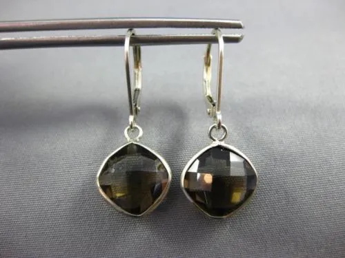 5.80CT AAA SMOKY TOPAZ 14KT WHITE GOLD 3D CUSHION LEVER BACK HANGING EARRINGS