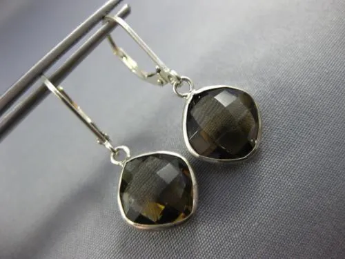 5.80CT AAA SMOKY TOPAZ 14KT WHITE GOLD 3D CUSHION LEVER BACK HANGING EARRINGS