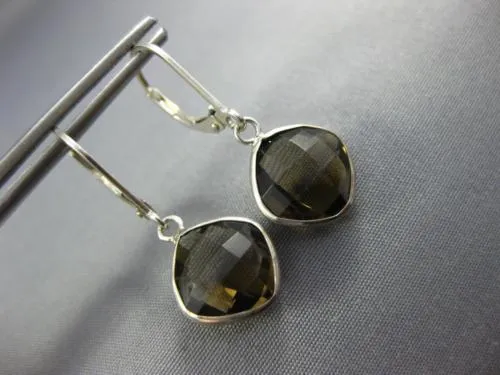 5.80CT AAA SMOKY TOPAZ 14KT WHITE GOLD 3D CUSHION LEVER BACK HANGING EARRINGS