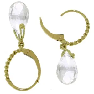 6 Carat 14K Solid Yellow Gold Leverback Earrings Briolette White Topaz