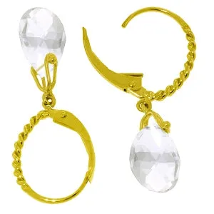 6 Carat 14K Solid Yellow Gold Leverback Earrings Briolette White Topaz