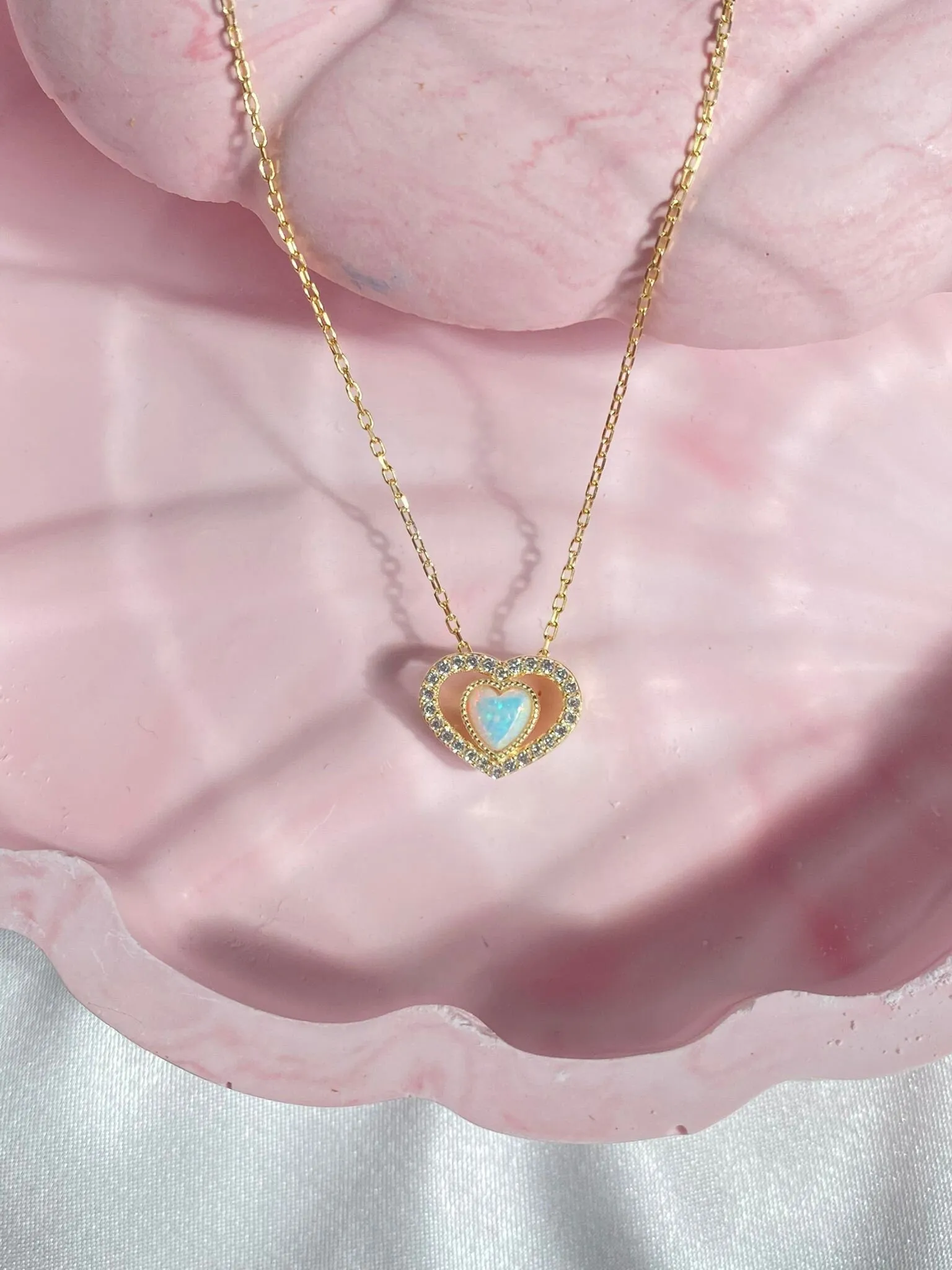 925 Rainbow Opal Stone Heart Necklace, Zircon Filled Heart, October Necklace, Trendy Bridal Jewelry, OPAL Heart Charm Necklace
