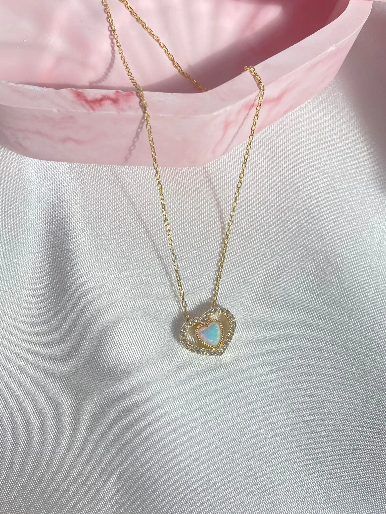 925 Rainbow Opal Stone Heart Necklace, Zircon Filled Heart, October Necklace, Trendy Bridal Jewelry, OPAL Heart Charm Necklace
