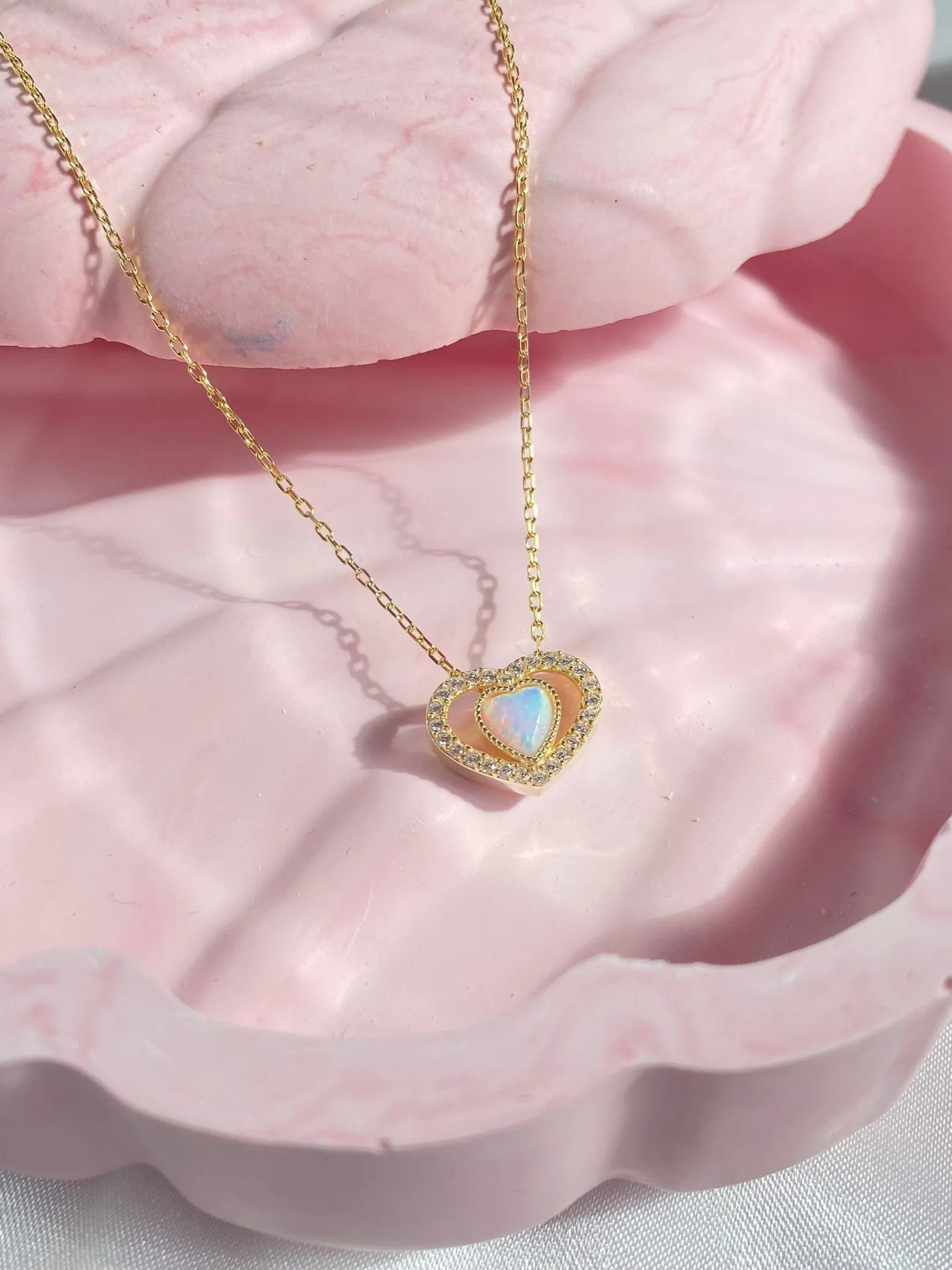 925 Rainbow Opal Stone Heart Necklace, Zircon Filled Heart, October Necklace, Trendy Bridal Jewelry, OPAL Heart Charm Necklace