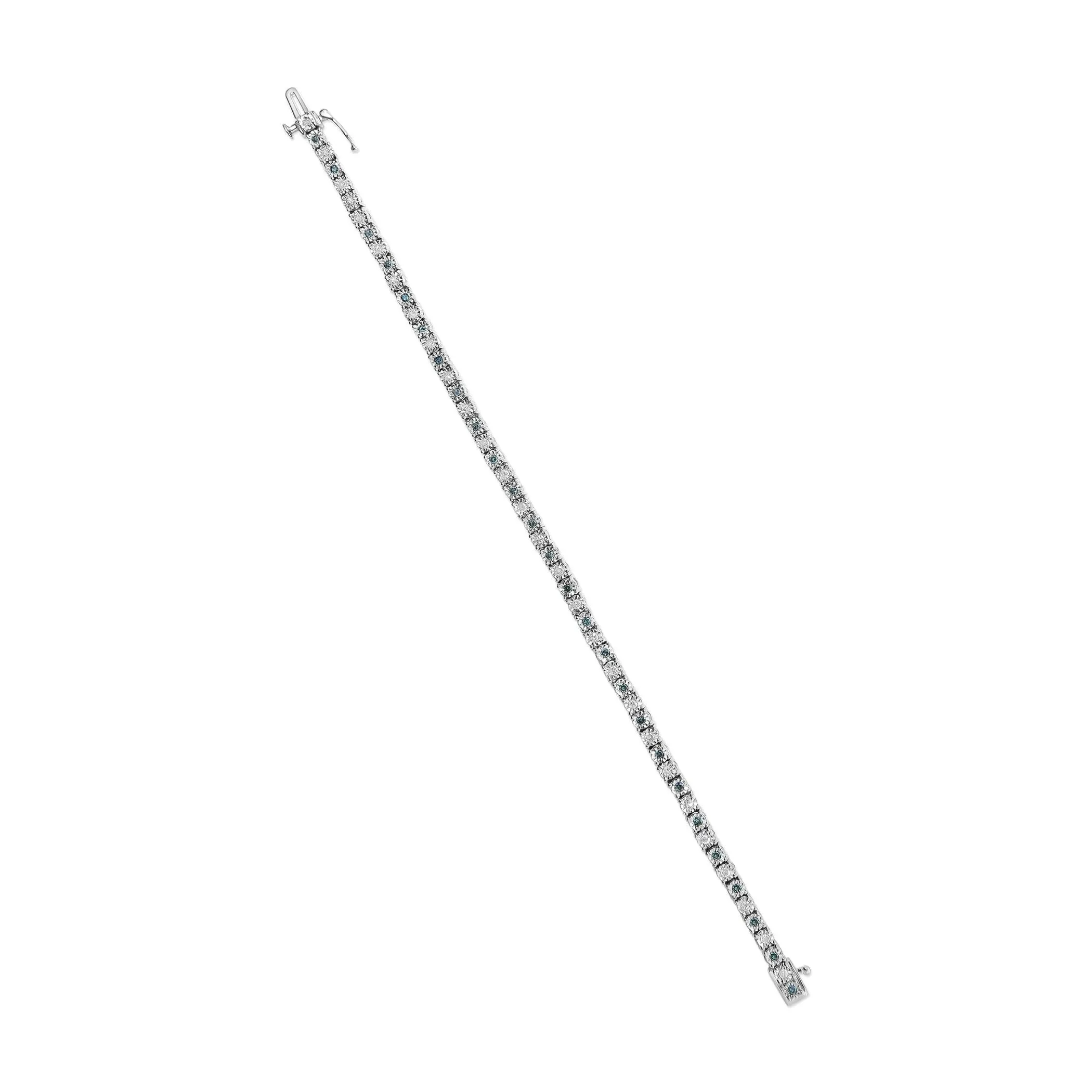 .925 Sterling Silver 1.0 Cttw with Alternating Round White Diamond and Round Treated Green Diamond Tennis Bracelet (Green and I-J Color, I3 Clarity) - Size 7" Inches