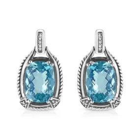 .925 Sterling Silver 14x10MM Cushion Cut Blue Topaz Gemstone and Diamond Accent Dangle Earring (I-J Color, I1-I2 Clarity)