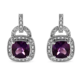 .925 Sterling Silver 8MM Natural Cushion Shaped Amethyst and Diamond Accent Halo with Push Back Dangle Earrings (I-J Color, I2-I3 Clarity)