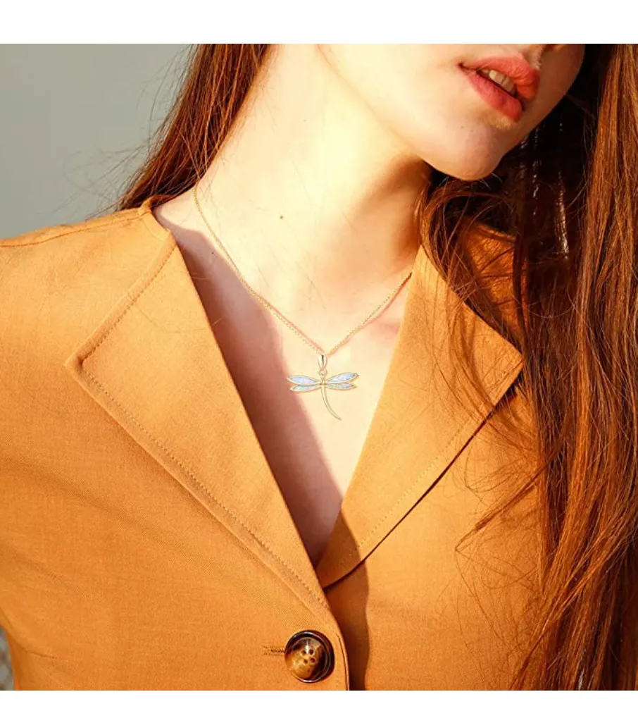 925 Sterling Silver Dragonfly Necklace Opal Simulated Dragonfly Jewelry Pendant Chain Birthday Gift Gold Tone 18in.