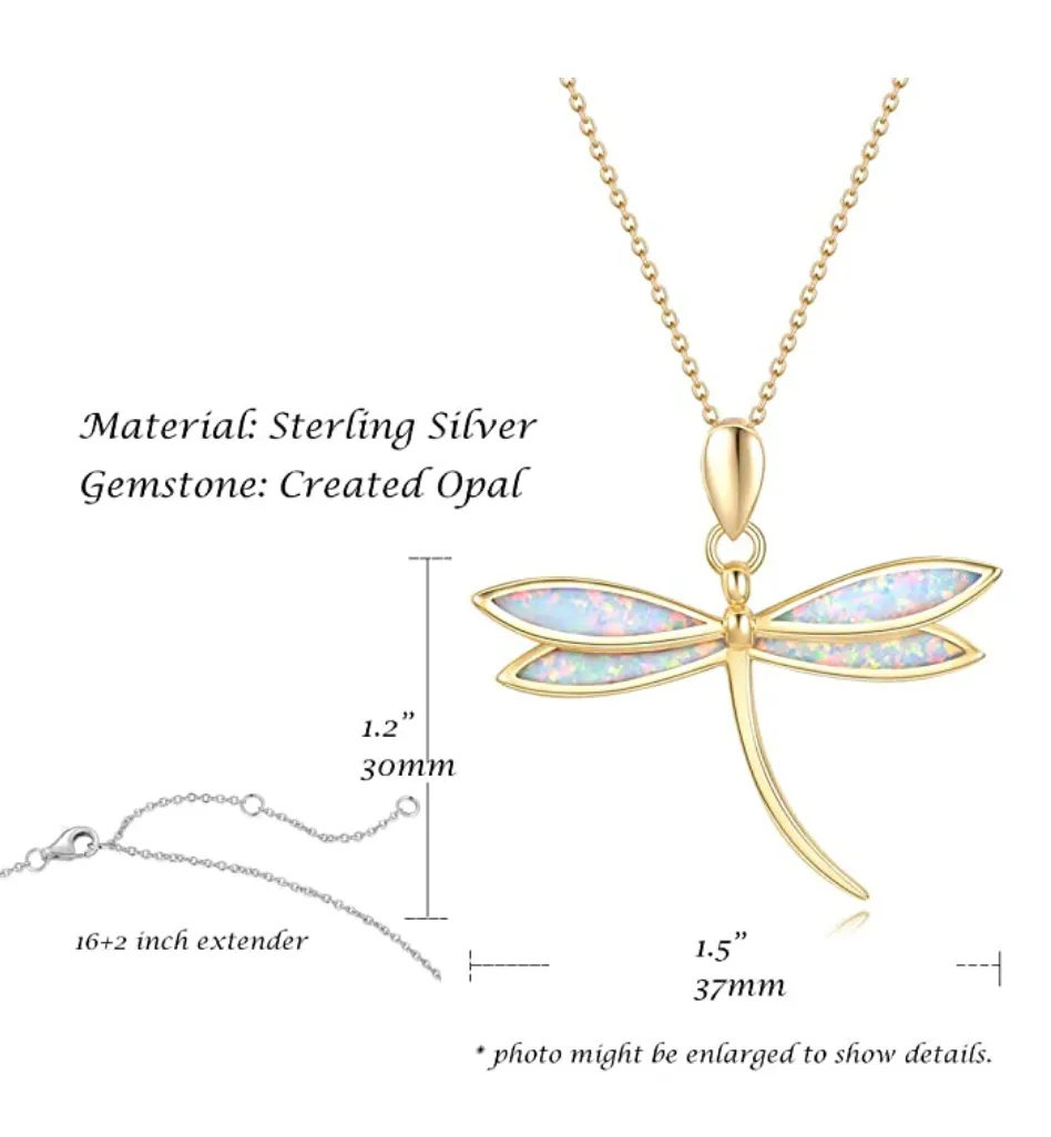 925 Sterling Silver Dragonfly Necklace Opal Simulated Dragonfly Jewelry Pendant Chain Birthday Gift Gold Tone 18in.