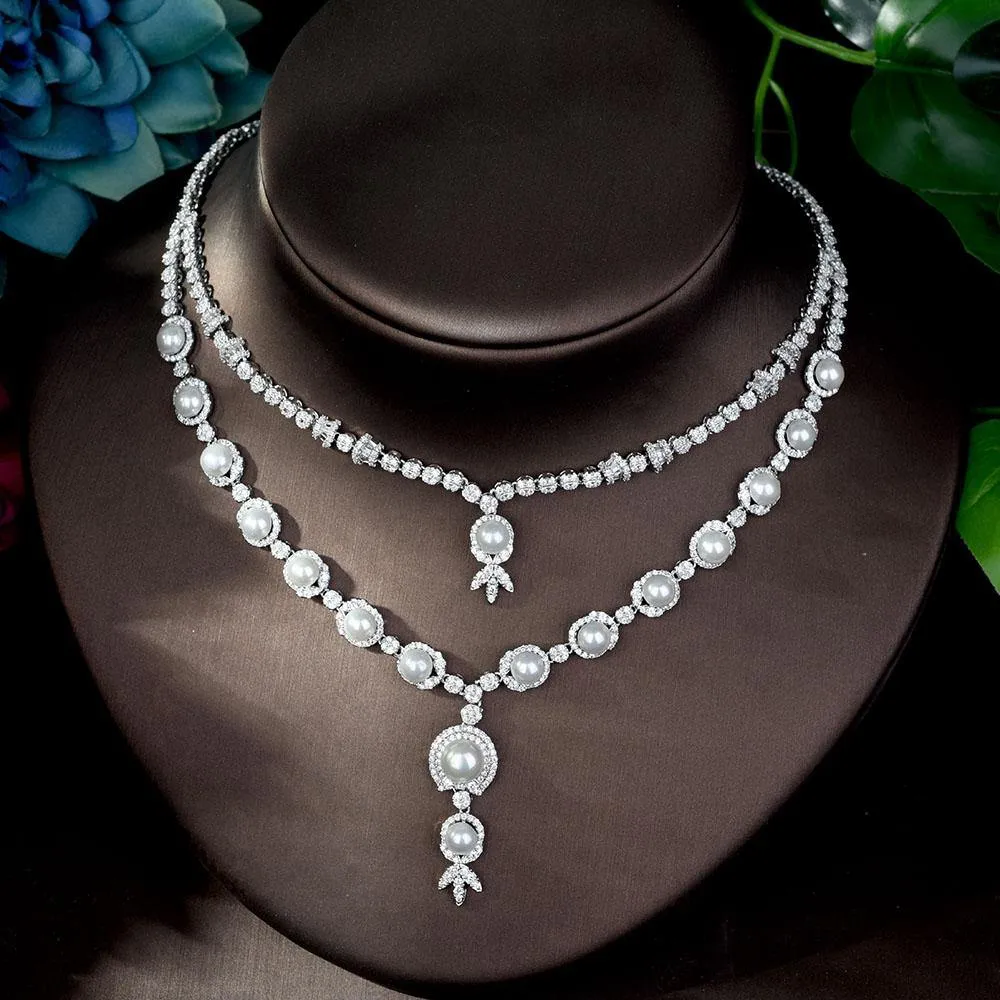 Adorable Designer AAAA  Cubic Zirconia Diamonds Pearls 4 piece Wedding Bridal Jewelry Set