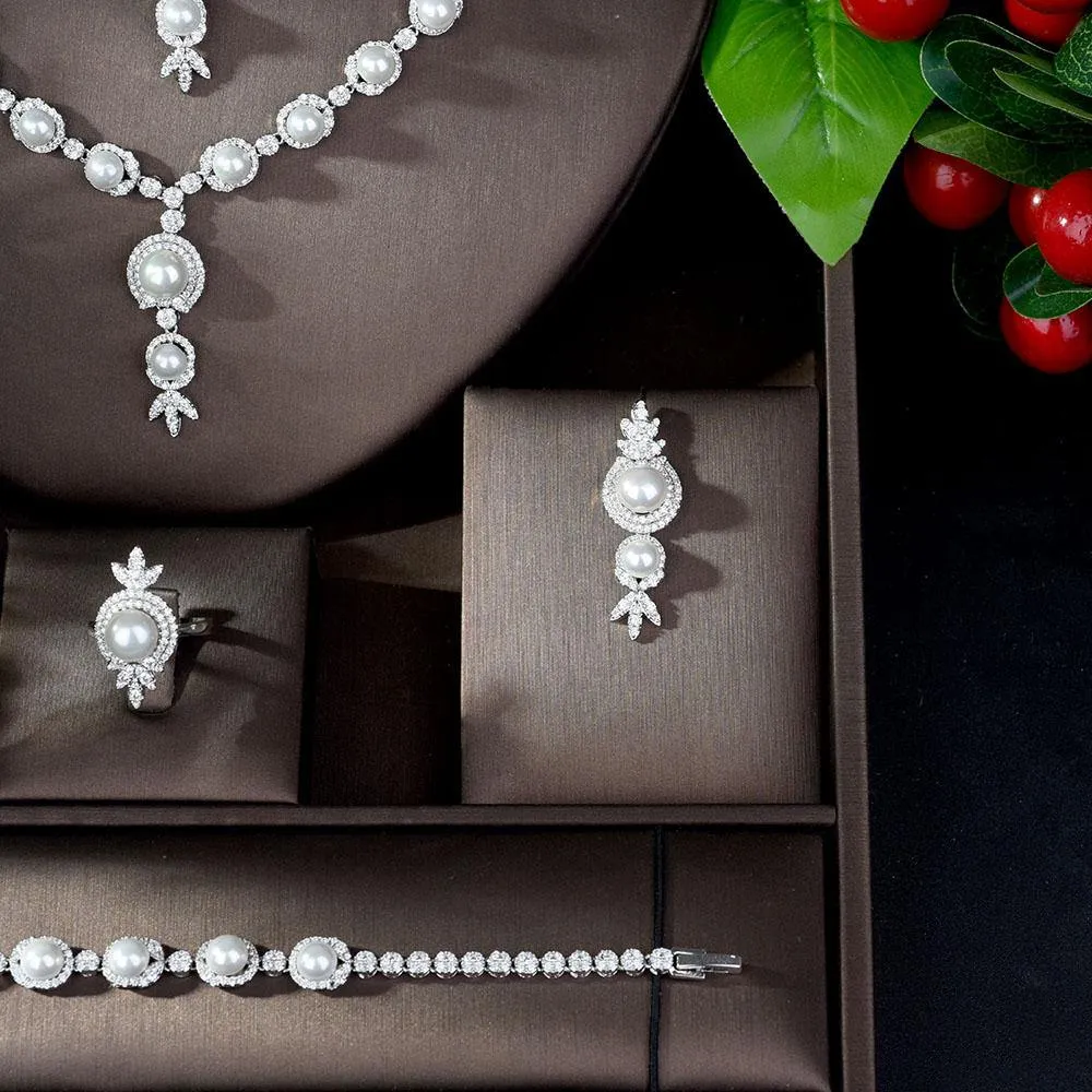 Adorable Designer AAAA  Cubic Zirconia Diamonds Pearls 4 piece Wedding Bridal Jewelry Set