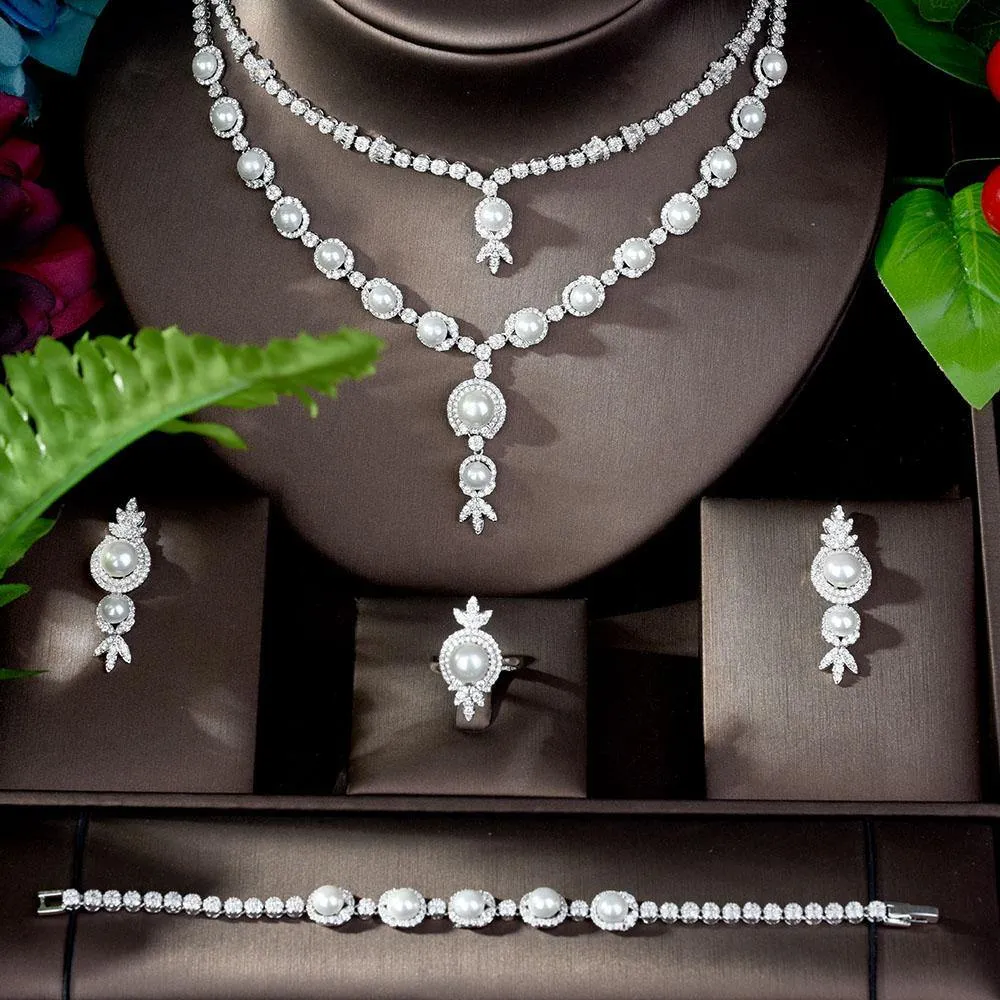 Adorable Designer AAAA  Cubic Zirconia Diamonds Pearls 4 piece Wedding Bridal Jewelry Set
