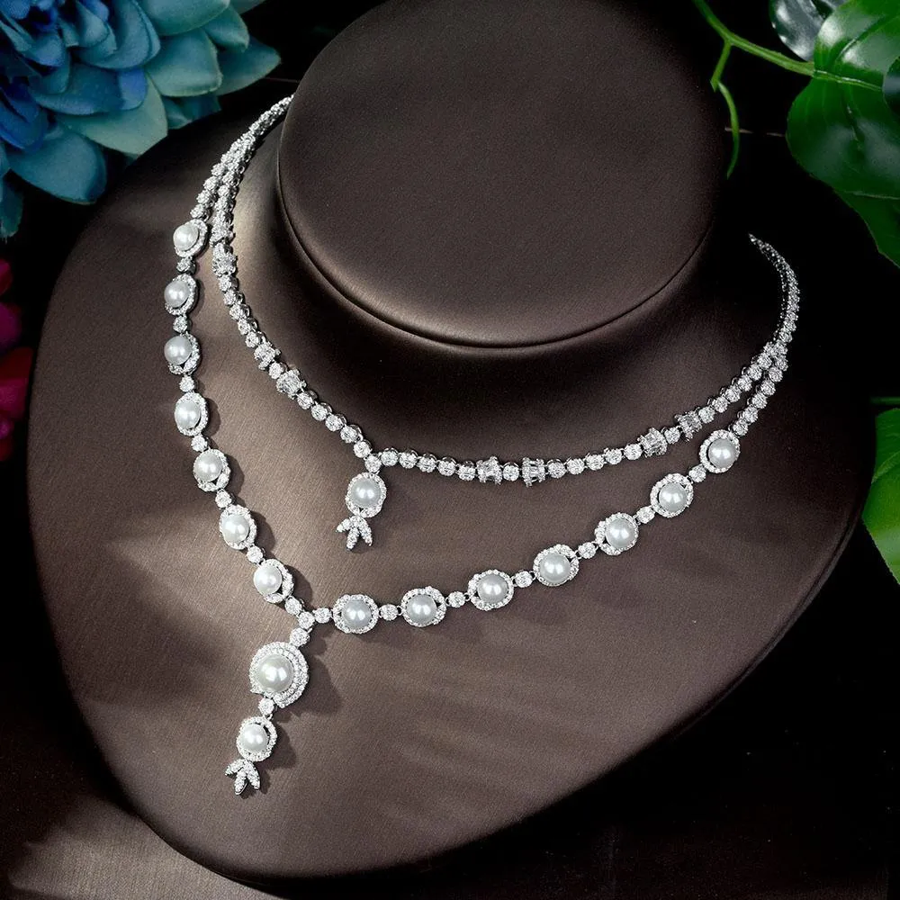 Adorable Designer AAAA  Cubic Zirconia Diamonds Pearls 4 piece Wedding Bridal Jewelry Set