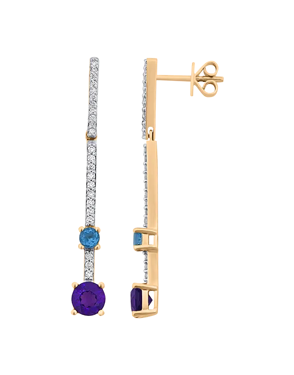 Amethyst Earrings - 10ct Yellow Gold Amethyst, London Blue Topaz & Diamond Drop Earrings - 786269