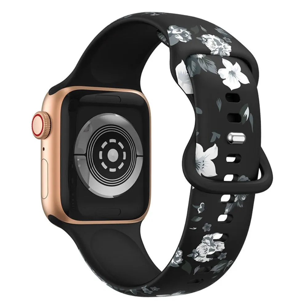 Apple Watch (45mm) design style silicone watch strap - Black / Grey Flowers