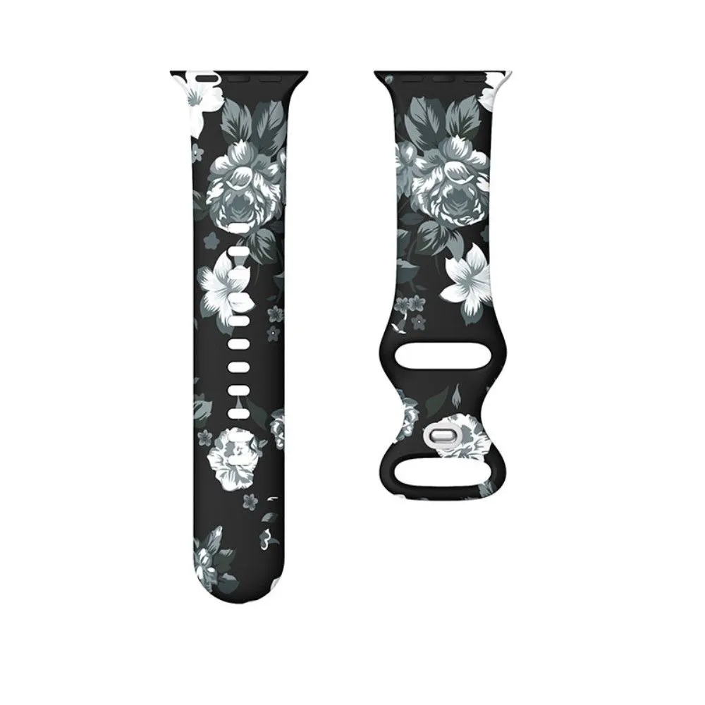 Apple Watch (45mm) design style silicone watch strap - Black / Grey Flowers