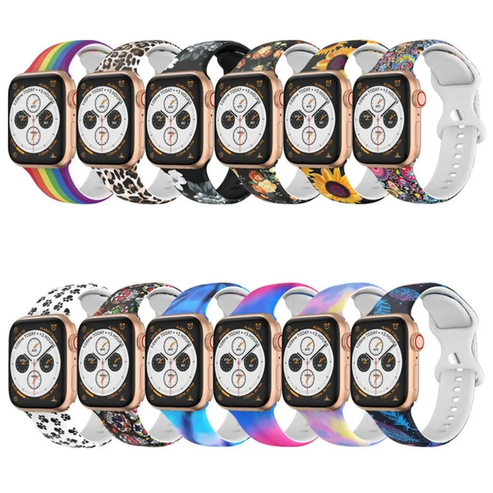 Apple Watch (45mm) design style silicone watch strap - Black / Grey Flowers